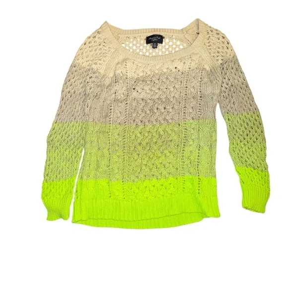 5/$25 American Eagle Outfitters Beige and Bright Yellow/Green Sweater - Picture 2 of 5